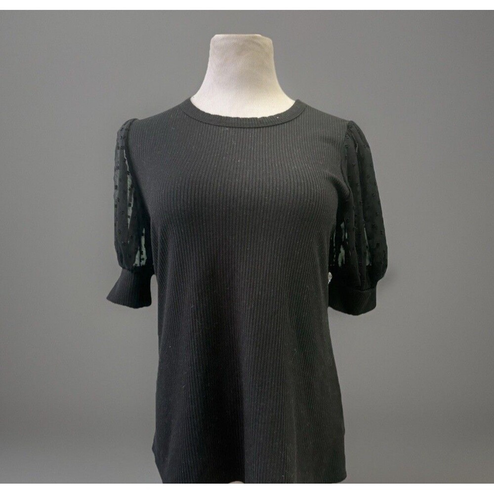 Above and Beyond Elegant Black ribbed Top with Sheer Polka Dot Sleeves Size L